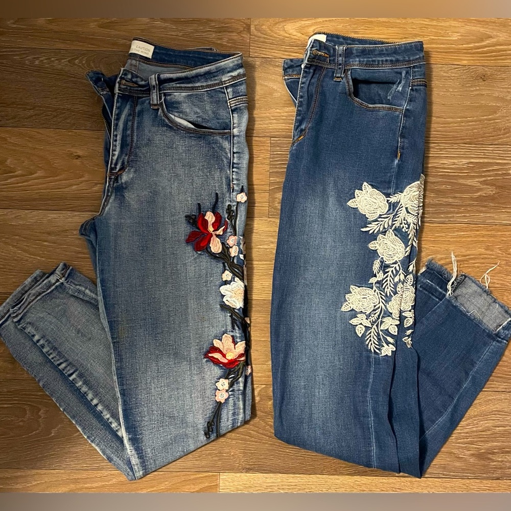 Caution to the Wind Floral Embroidery jeans, 2 pair.